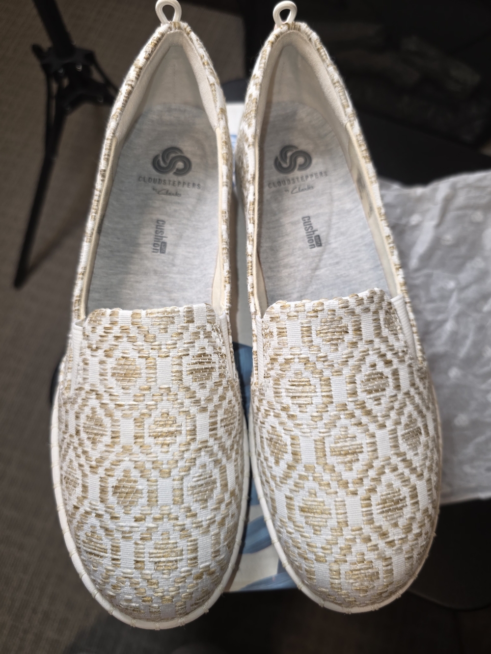 Cloudsteppers by Clarks Women's Slip-On Loafers in White and Gold